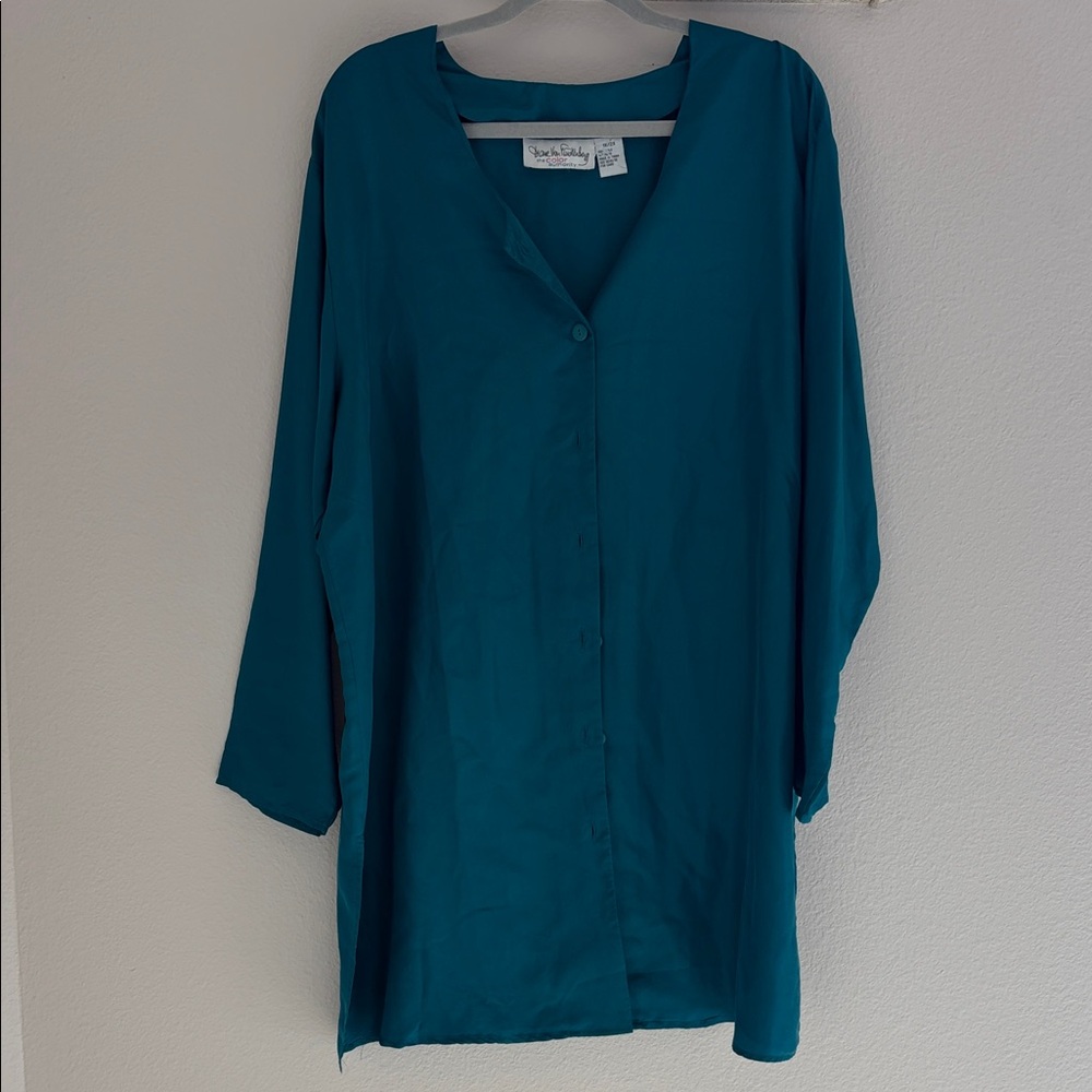 Diane Von Furstenberg Silk Blouse Teal 1X 2X Oversized Tunic Top Luxury